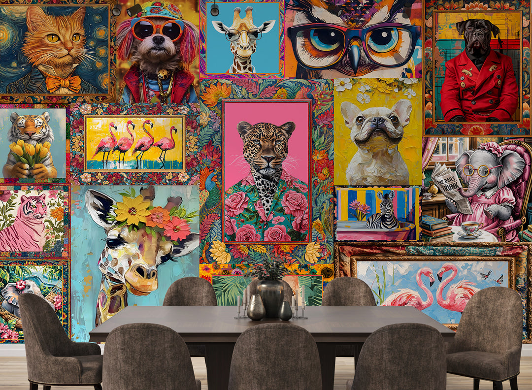 Funky Animal Pop Art Collage Wall Mural – Maximalist Modern Wall Décor (PATCH008)