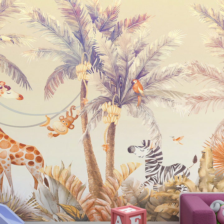 3d wallpaper safari kids giraffe, zebra & Palm trees Animals Tropical wallpaper For Kids Room