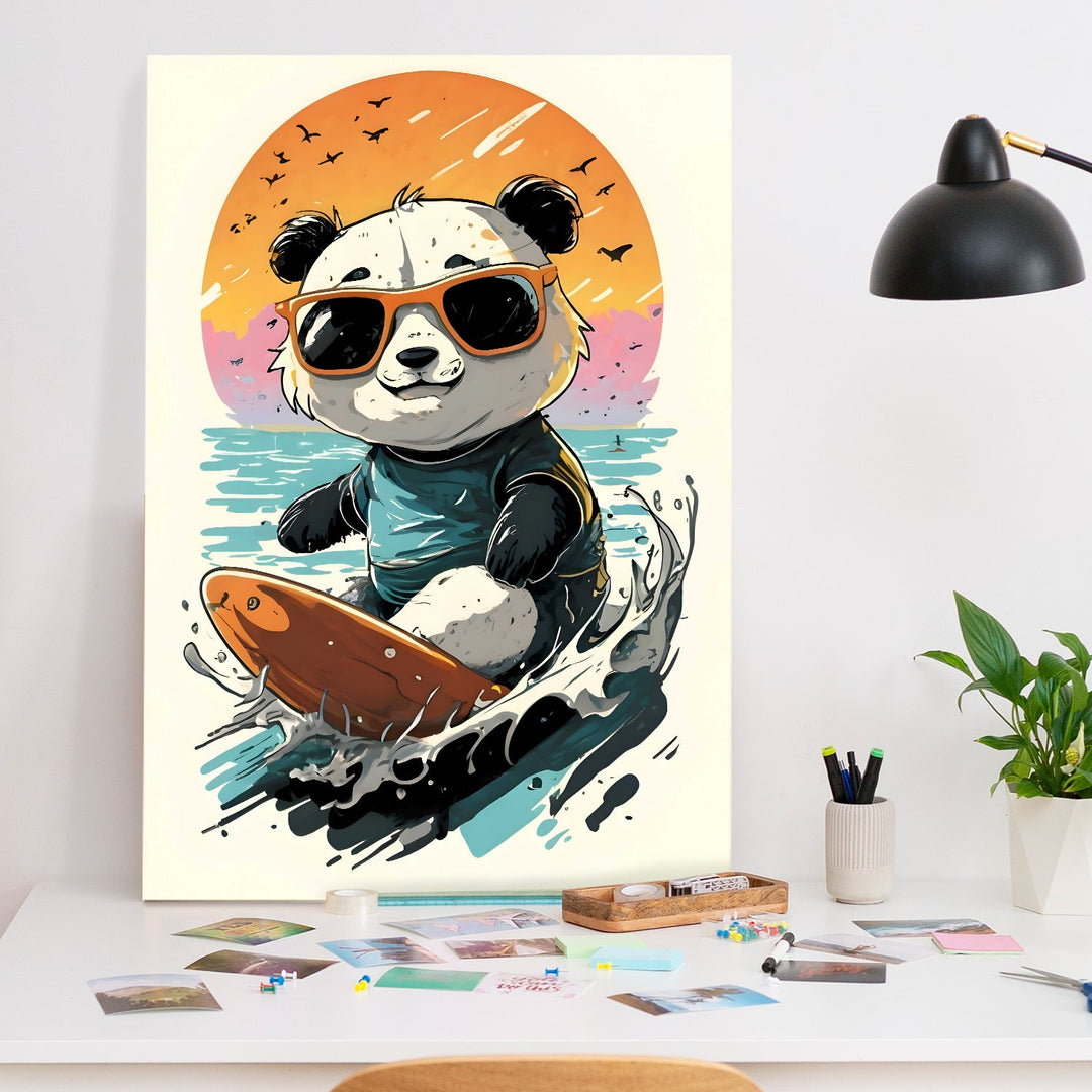 Surf’s Up Panda – Cute Cartoon Wall Art Painting, HD Canvas Print, Framed, Ready to Hang. (POMWA320)