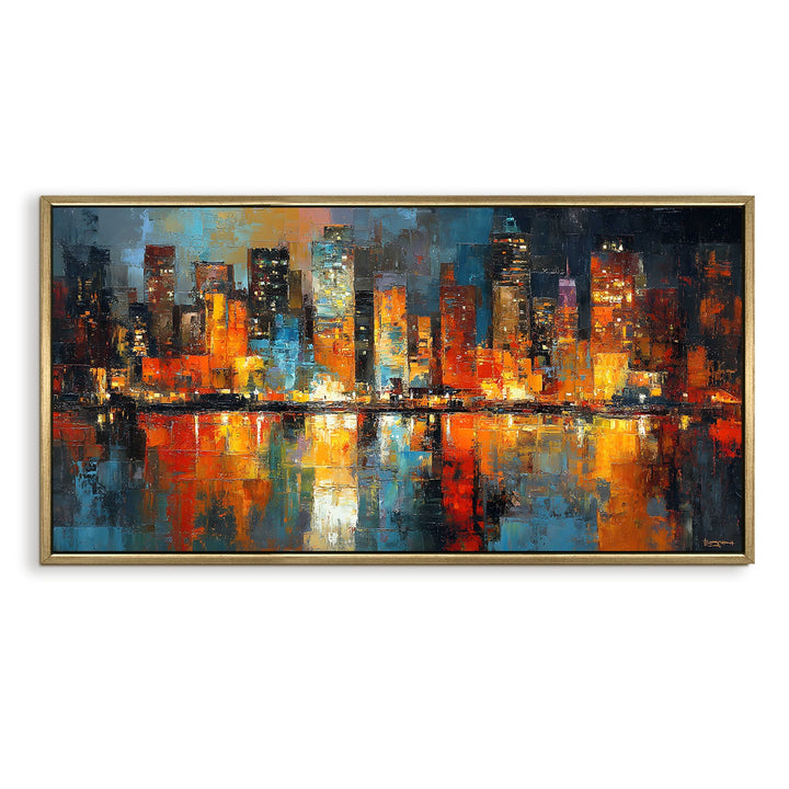 City Skyline Reflected on Water Wall Art, HD Canvas Print, Golden Floater Framed, Ready to Hang, (24 In x 48 In) (ABS-WA-01)