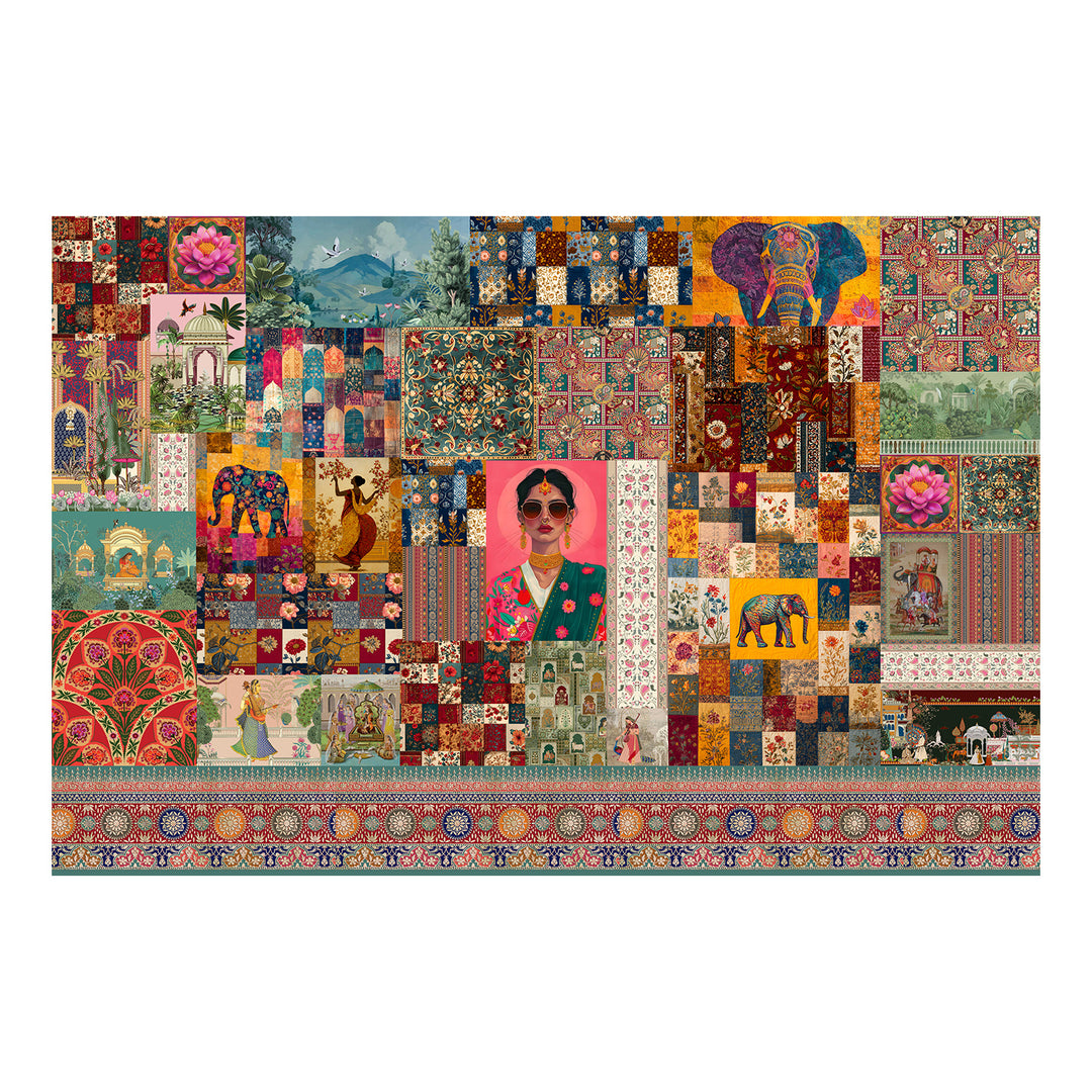 Royal Raga Collage Wall Mural – Traditional Indian Patchwork Art (PATCH007)