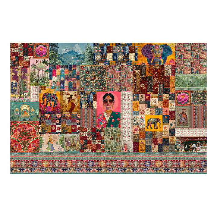 Royal Raga Collage Wall Mural – Traditional Indian Patchwork Art (PATCH007)
