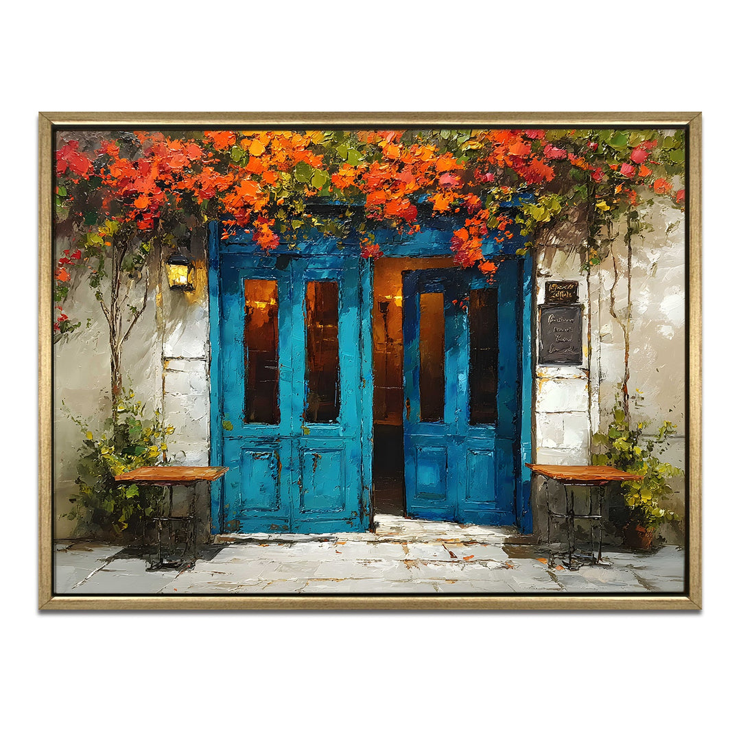 Rustic Greek café with blue doors and hanging vines Wall Art, HD Canvas Print, Golden Floater Framed, Ready to Hang, (36 In x 48 In) (CAFE-WA-15)
