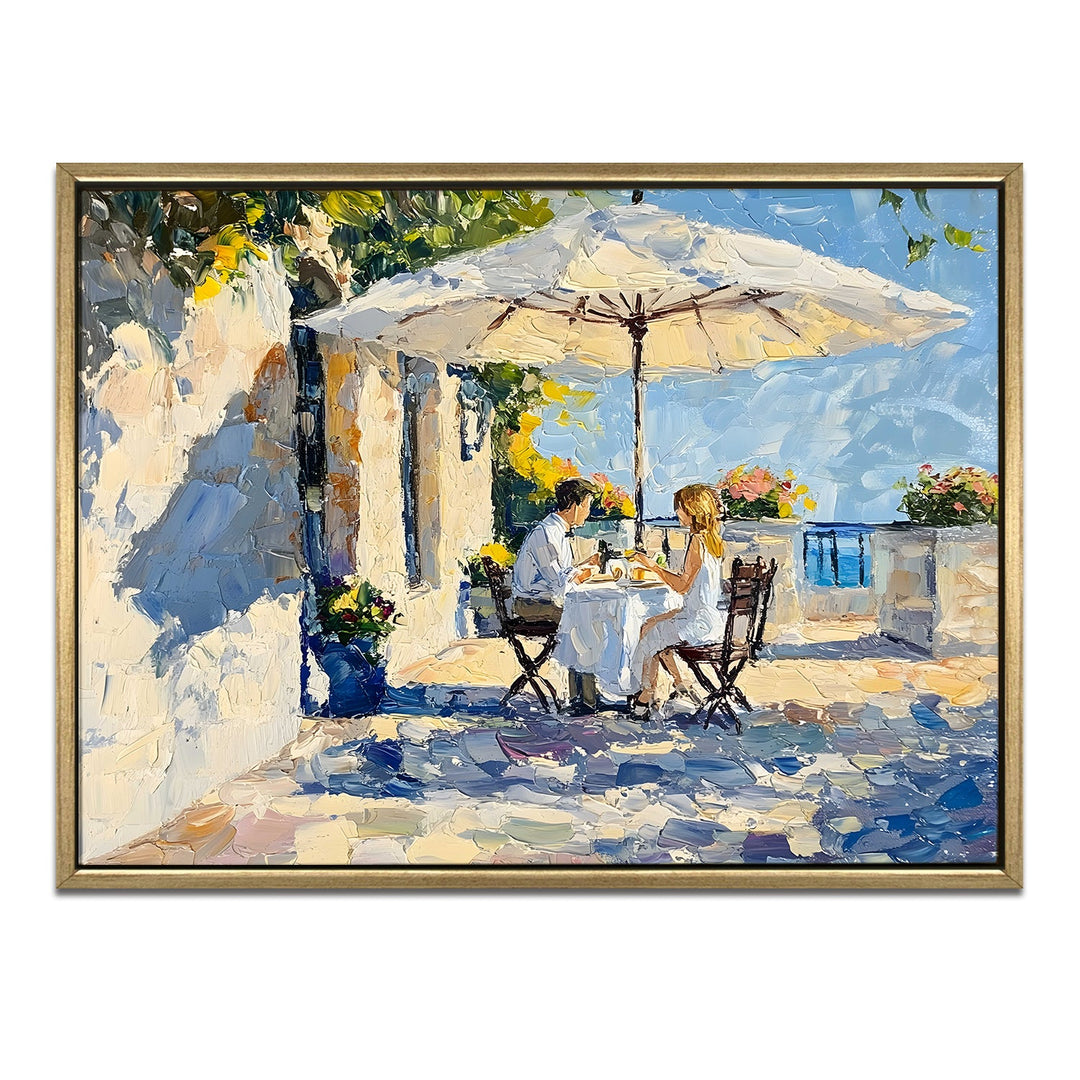 Breezy coastal breakfast café in Monaco Wall Art, HD Canvas Print, Golden Floater Framed, Ready to Hang, (36 In x 48 In) (CAFE-WA-09)