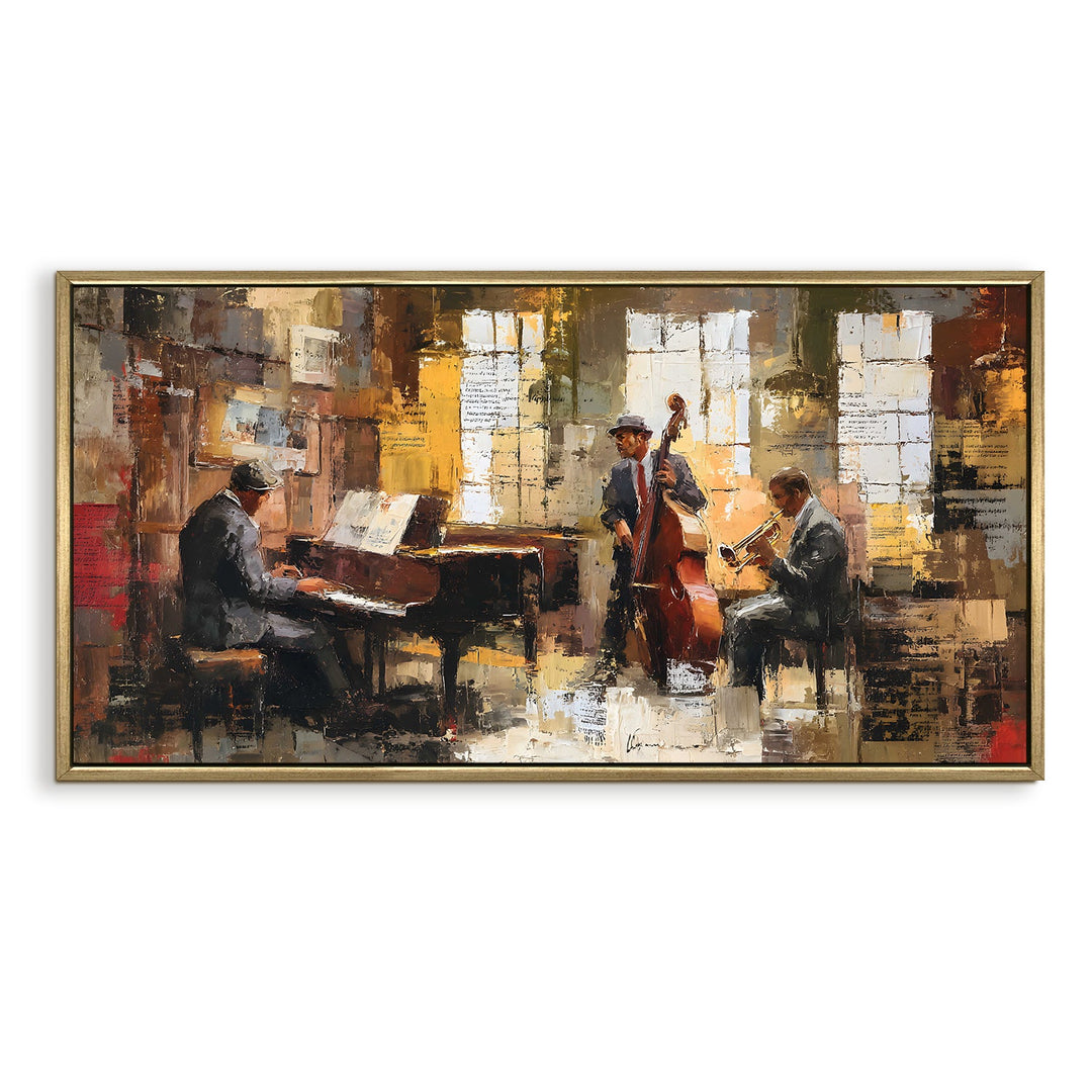 Jazz Quartet in Rustic Studio Wall Art, HD Canvas Print, Golden Floater Framed, Ready to Hang, (24 In x 48 In) (MUSIC-WA-01)