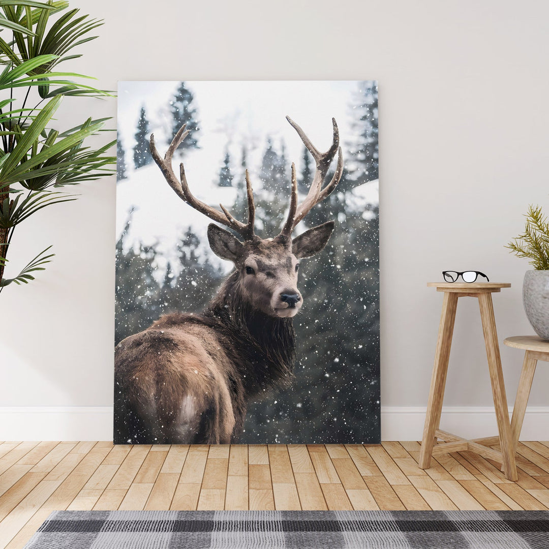 Stag in the Snow Wall Art Painting, HD Canvas Print, Framed, Ready to Hang. (WNWA166)