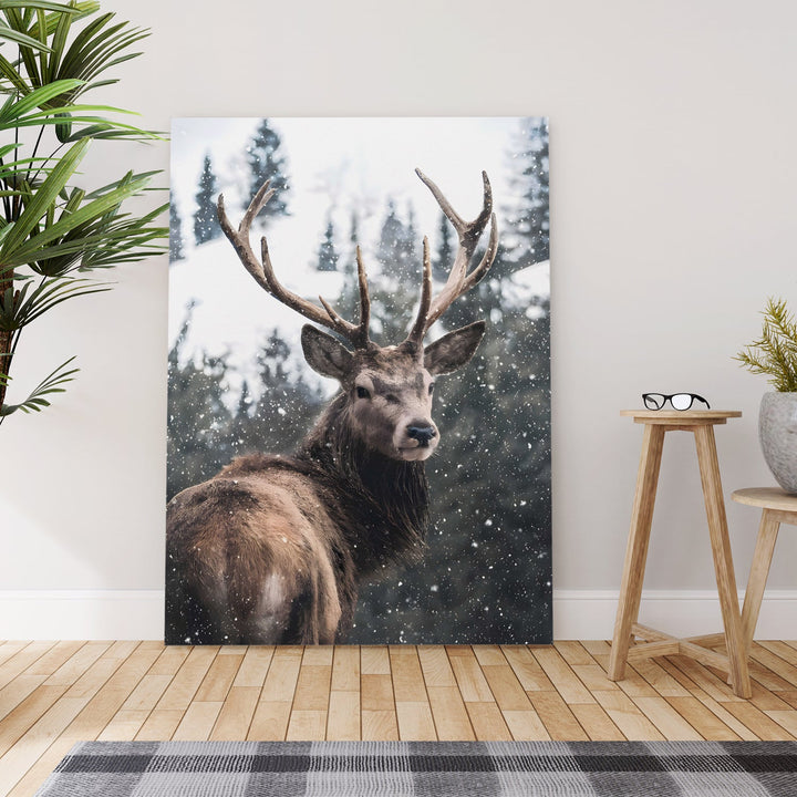 Stag in the Snow Wall Art Painting, HD Canvas Print, Framed, Ready to Hang. (WNWA166)