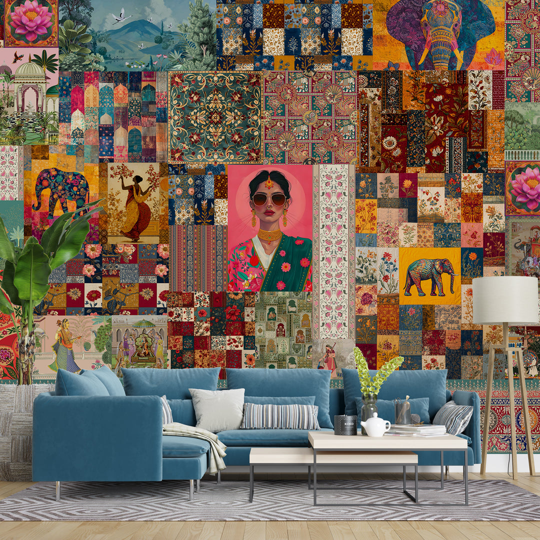 Royal Raga Collage Wall Mural – Traditional Indian Patchwork Art (PATCH007)