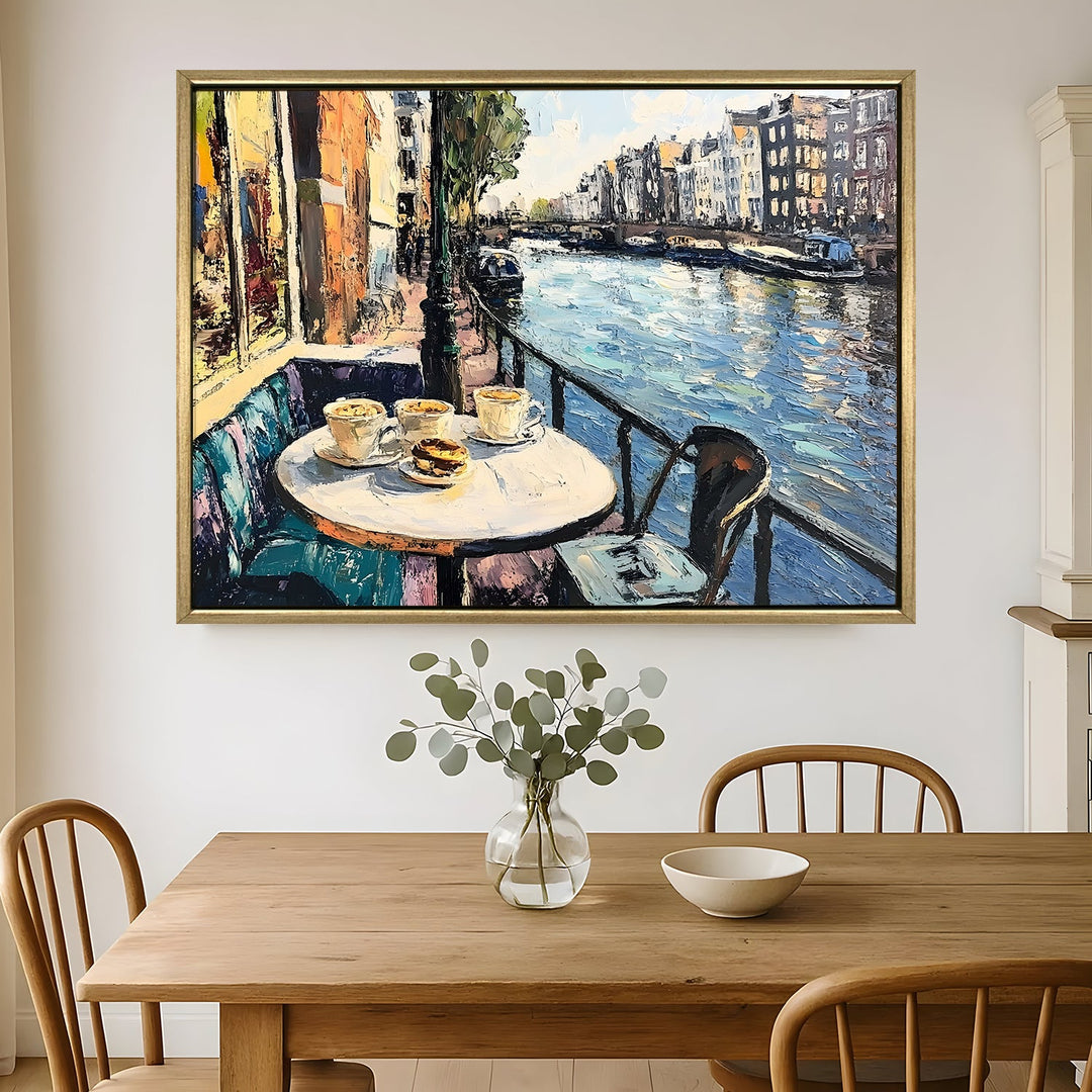 Canal-side brunch café in Amsterdam Wall Art, HD Canvas Print, Golden Floater Framed, Ready to Hang, (36 In x 48 In) (CAFE-WA-10)
