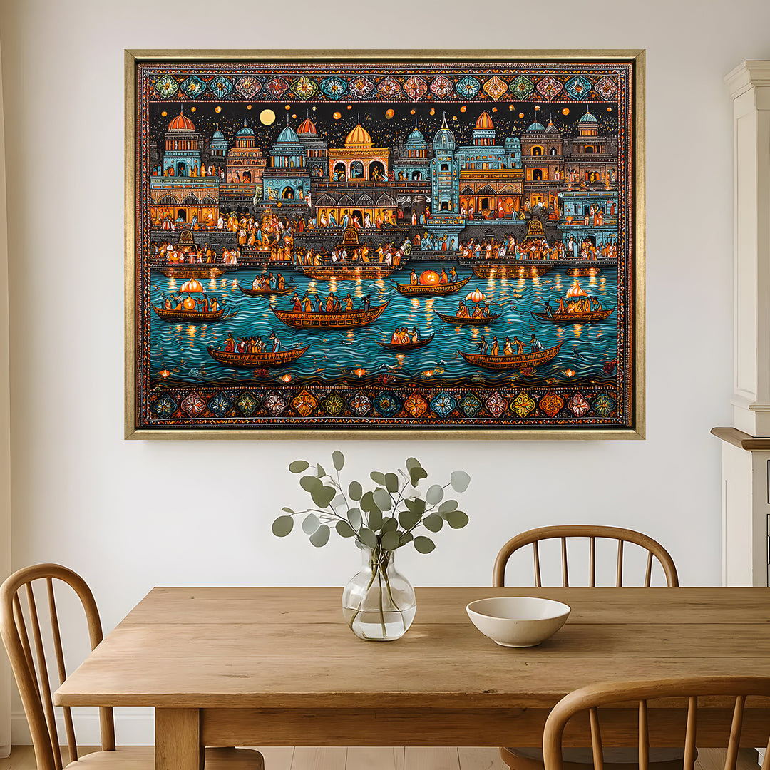 Banaras Ghats Painting Wall Art – Varanasi Riverfront with Golden Floater Frame – HD Print Large Canvas, Ready to Hang, Size: 3X4FT, (BAWA20)