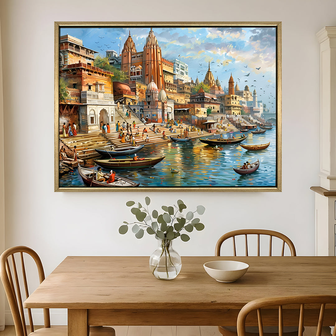 Banaras Ghats Painting Wall Art – Varanasi Riverfront with Golden Floater Frame – HD Print Large Canvas, Ready to Hang, Size: 3X4FT, (BAWA24)