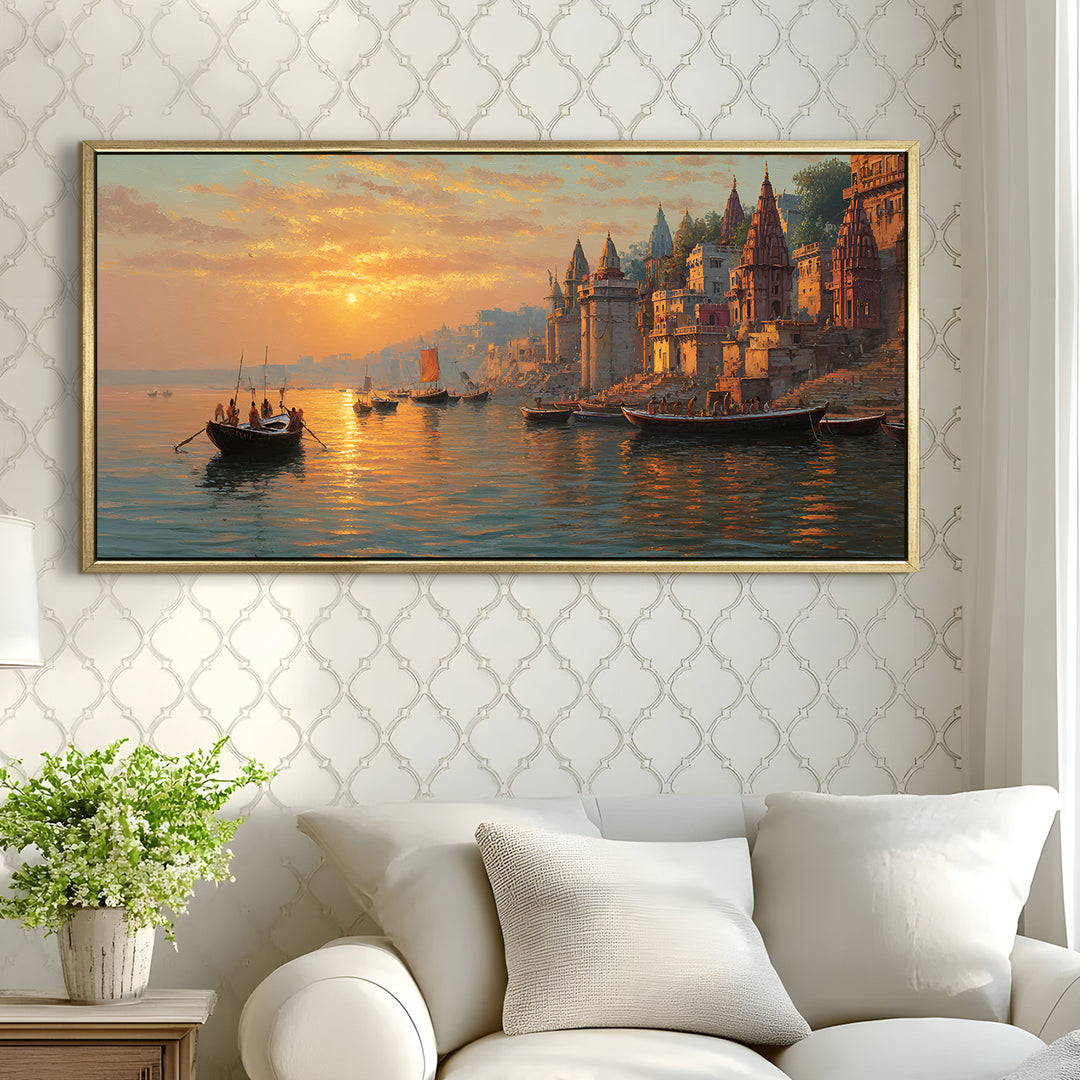 Banaras Ghats Painting Wall Art – Varanasi Riverfront with Golden Floater Frame – HD Print Large Canvas, Ready to Hang, Size: 2X4FT, (BAWA35)