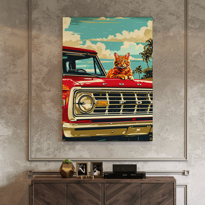 Maximalist Altered Ford Car with Cat Wall Art Print, HD Canvas Print, Framed, Ready to Hang. (POMA05)