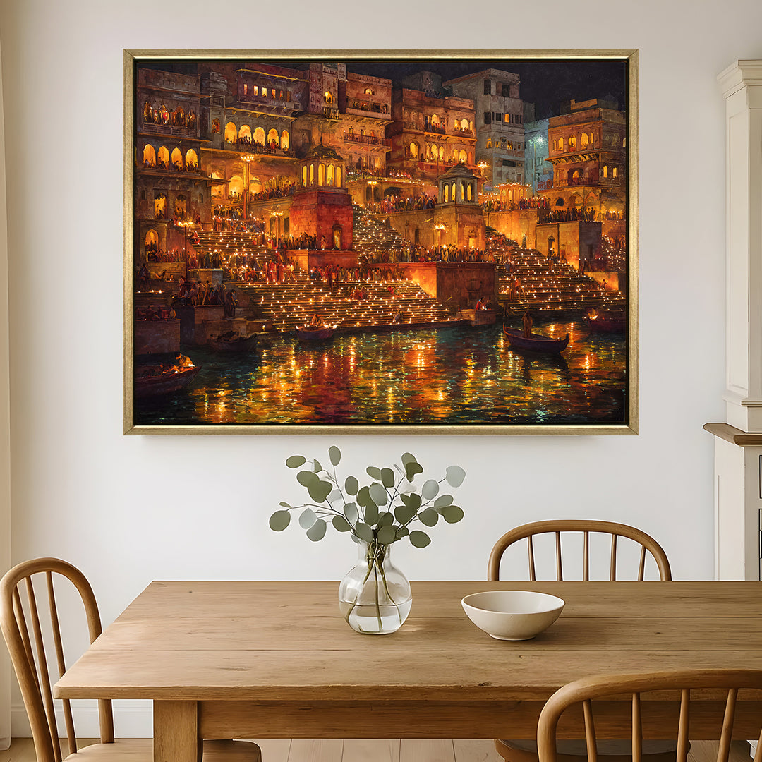 Banaras Ghats Painting Wall Art – Varanasi Riverfront with Golden Floater Frame – HD Print Large Canvas, Ready to Hang, Size: 3X4FT, (BAWA18)