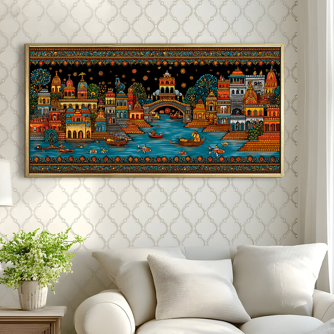 Banaras Ghats Painting Wall Art – Varanasi Riverfront with Golden Floater Frame – HD Print Large Canvas, Ready to Hang, Size: 2X4FT, (BAWA44)