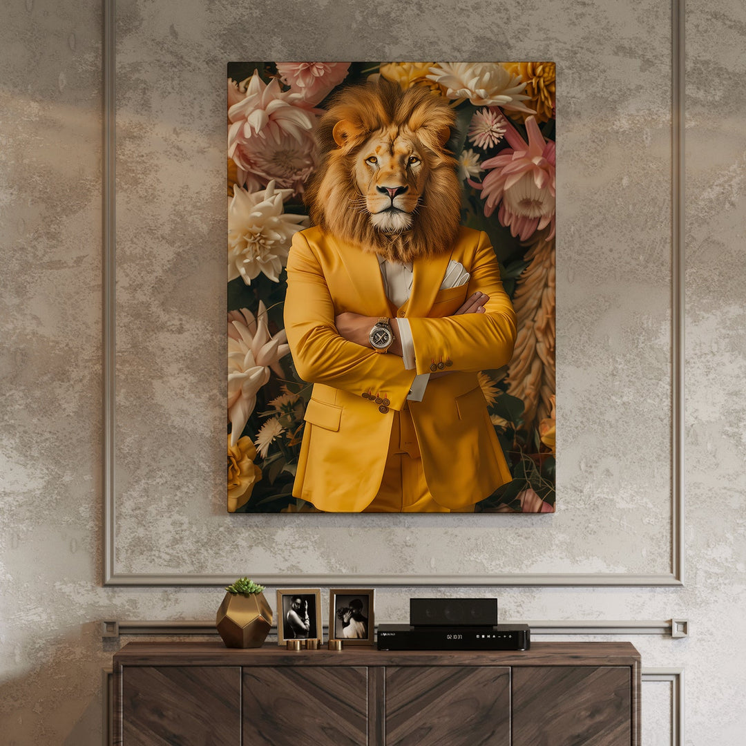 Maximalist Lion Wall Art Painting, HD Canvas Print, Framed, Ready to Hang. (POMA15)