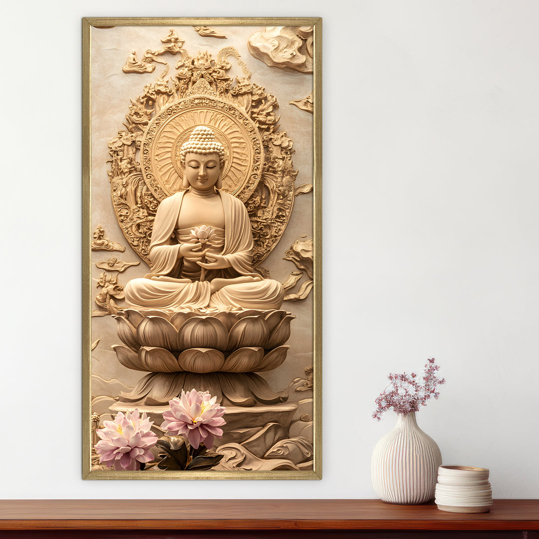Divine Buddha Meditation Portrait Wall Art, HD Canvas Print, Golden Box Framed, Ready to Hang, (48 In x 24 In) (BDWA37)