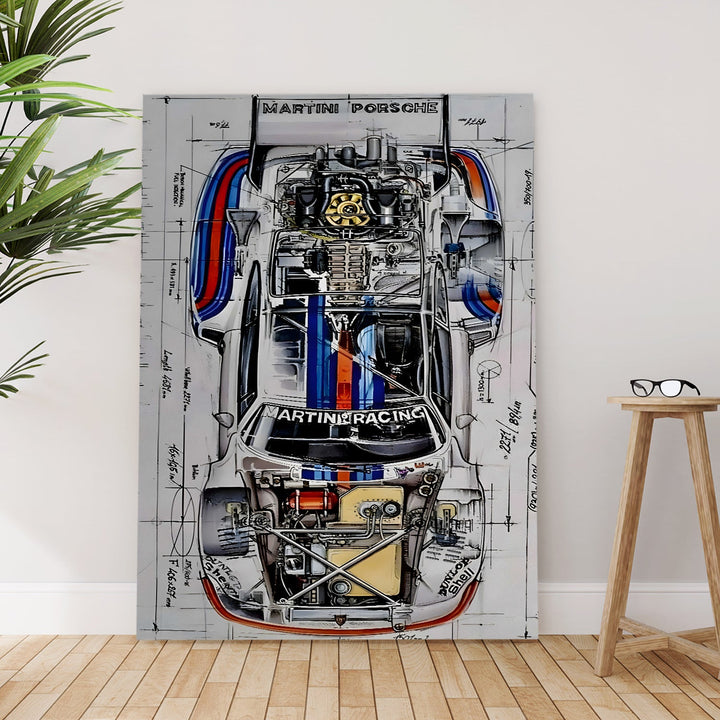 Martini Porsche Blueprint Wall Art Painting, HD Canvas Print, Framed, Ready to Hang. (POMWA229)