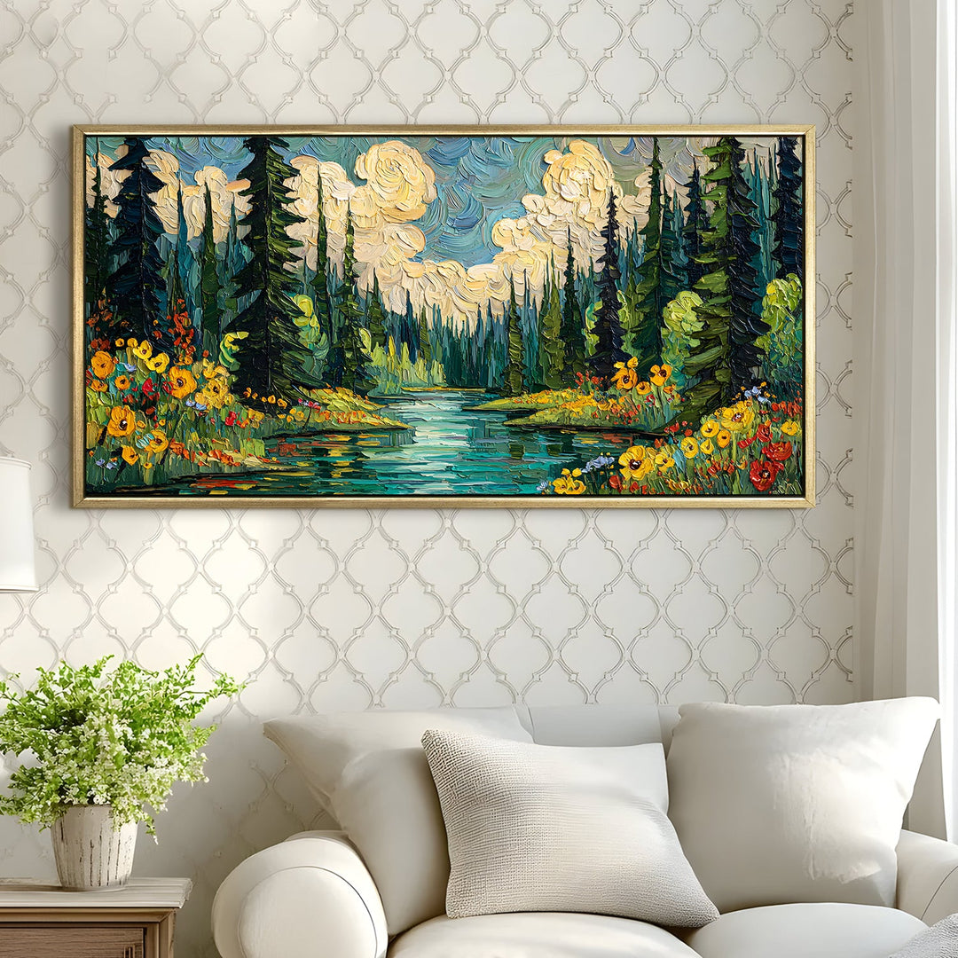 Vibrant Forest Scene with Sparkling River Wall Art, HD Canvas Print, Golden Floater Framed, Ready to Hang, (24 In x 48 In) (VNG-WA-02)