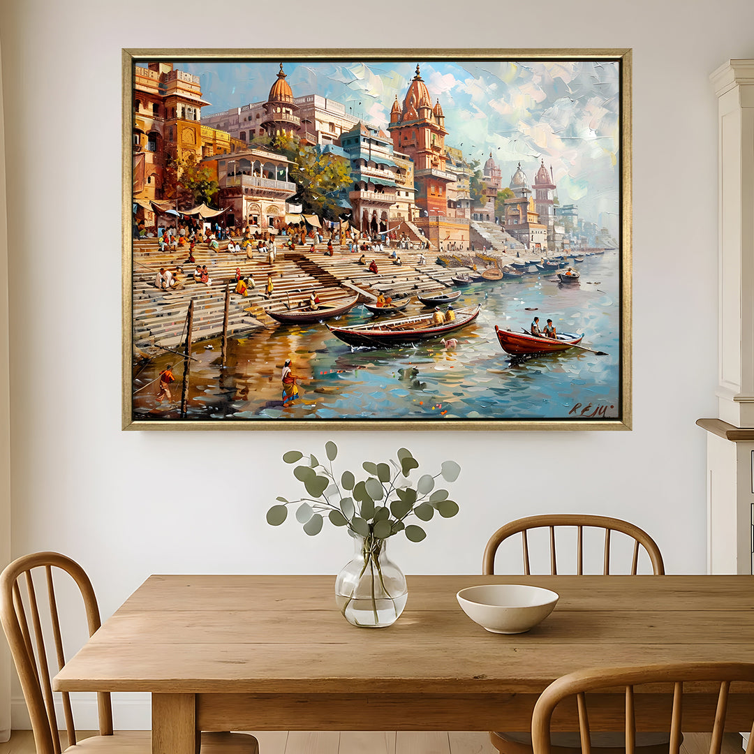 Banaras Ghats Painting Wall Art – Varanasi Riverfront with Golden Floater Frame – HD Print Large Canvas, Ready to Hang, Size: 3X4FT, (BAWA06)