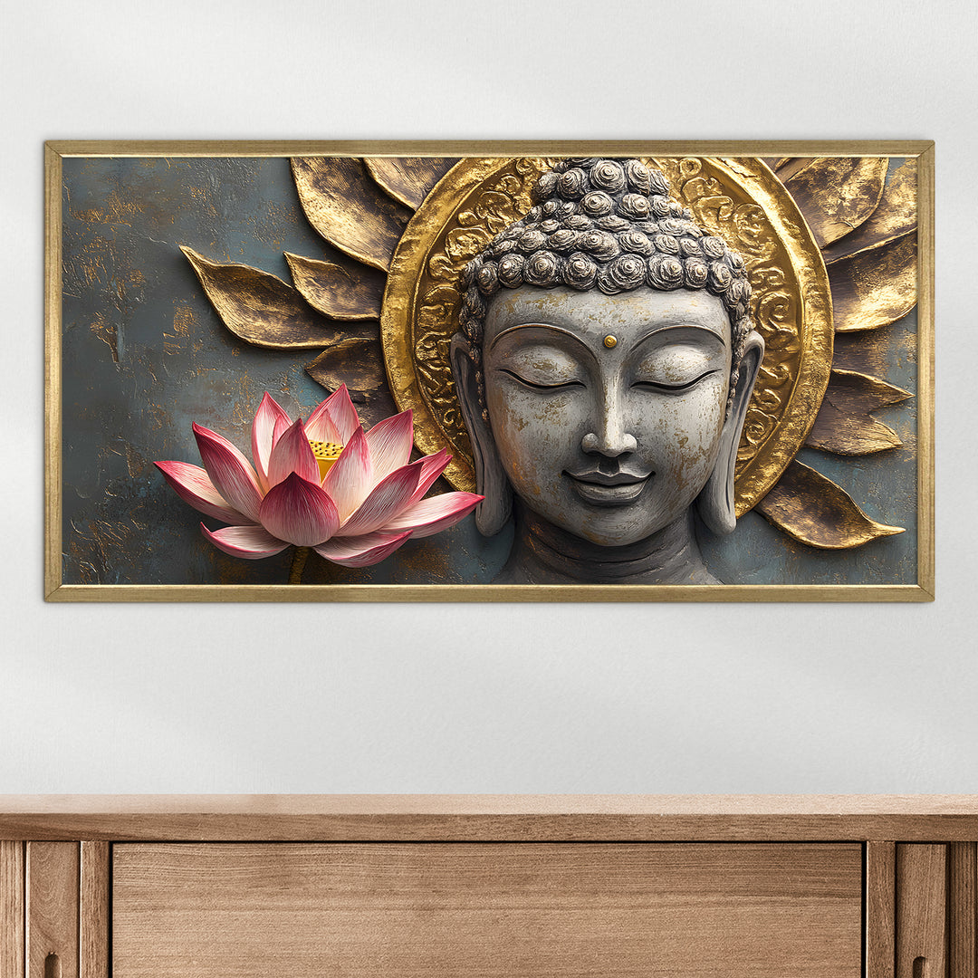 Buddha with Red Lotus Wall Art, HD Canvas Print, Golden Box Framed, Ready to Hang, (24 In x 48 In) (BDWA31)