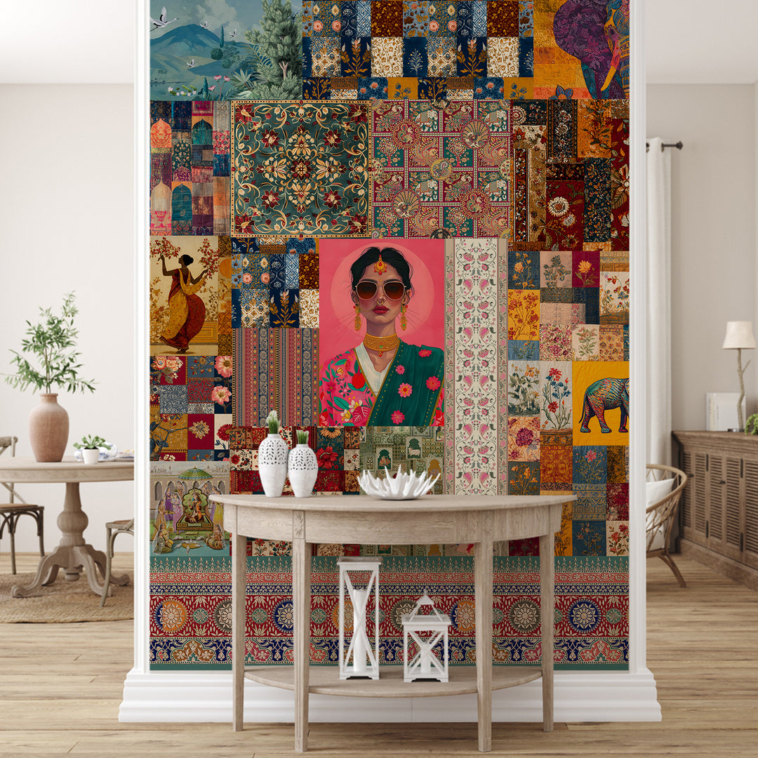 Royal Raga Collage Wall Mural – Traditional Indian Patchwork Art (PATCH007)