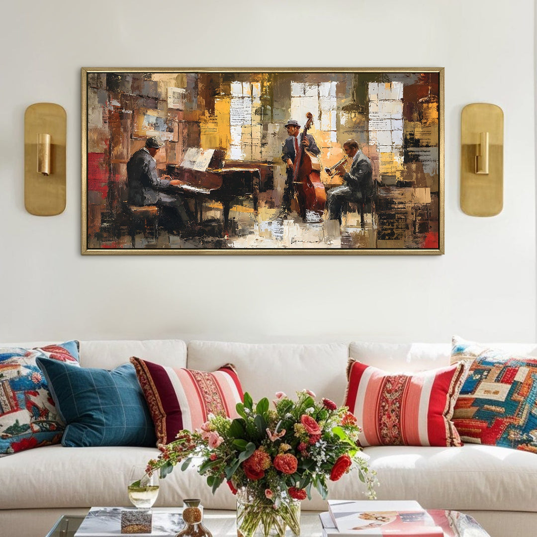 Jazz Quartet in Rustic Studio Wall Art, HD Canvas Print, Golden Floater Framed, Ready to Hang, (24 In x 48 In) (MUSIC-WA-01)