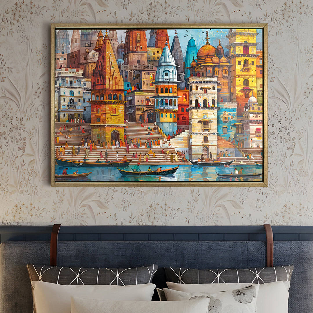 Banaras Ghats Painting Wall Art – Varanasi Riverfront with Golden Floater Frame – HD Print Large Canvas, Ready to Hang, Size: 3X4FT, (BAWA25)