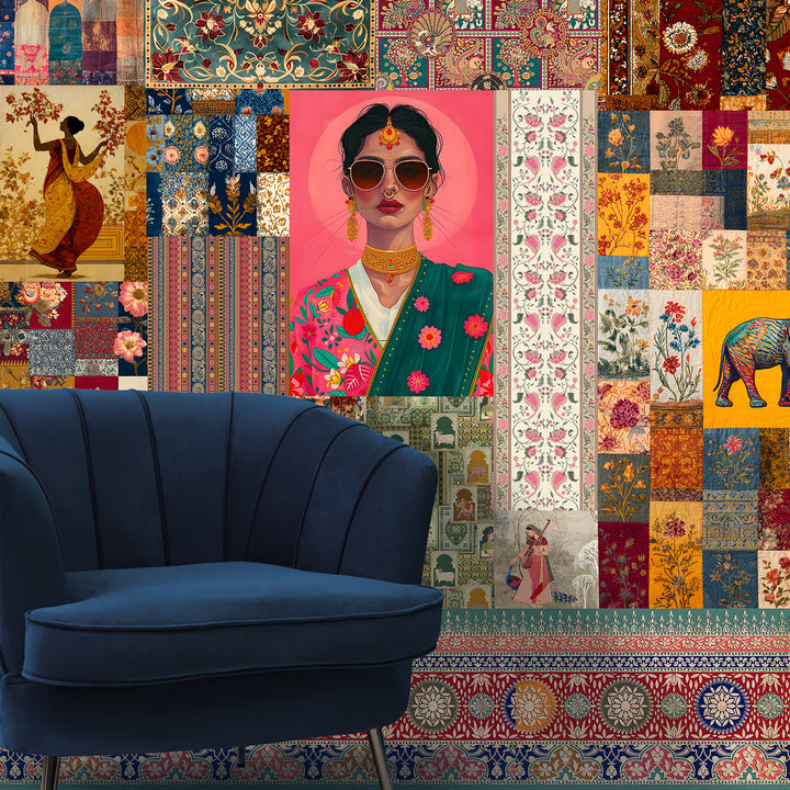 Royal Raga Collage Wall Mural – Traditional Indian Patchwork Art (PATCH007)