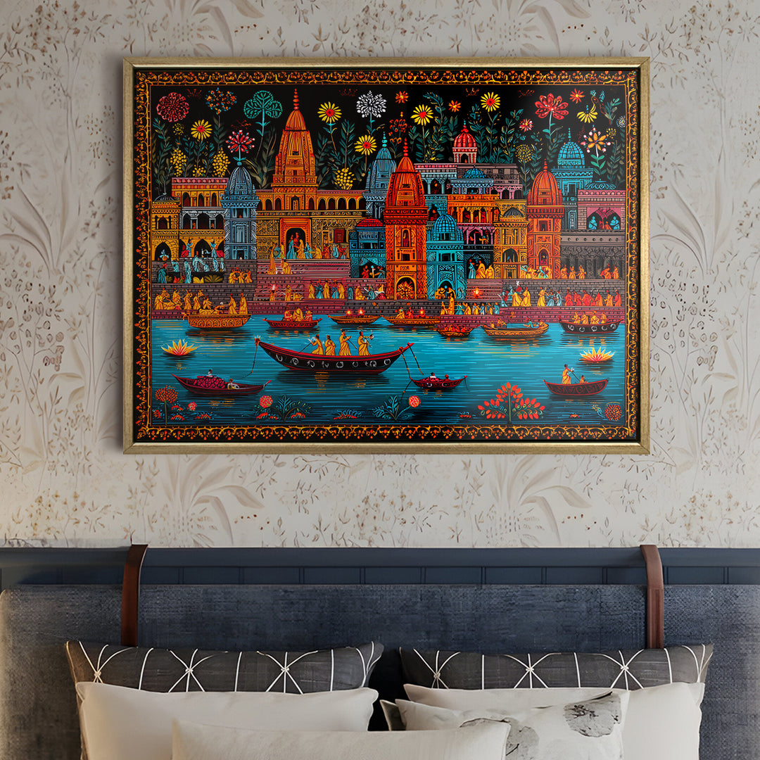 Banaras Ghats Painting Wall Art – Varanasi Riverfront with Golden Floater Frame – HD Print Large Canvas, Ready to Hang, Size: 3X4FT, (BAWA23)