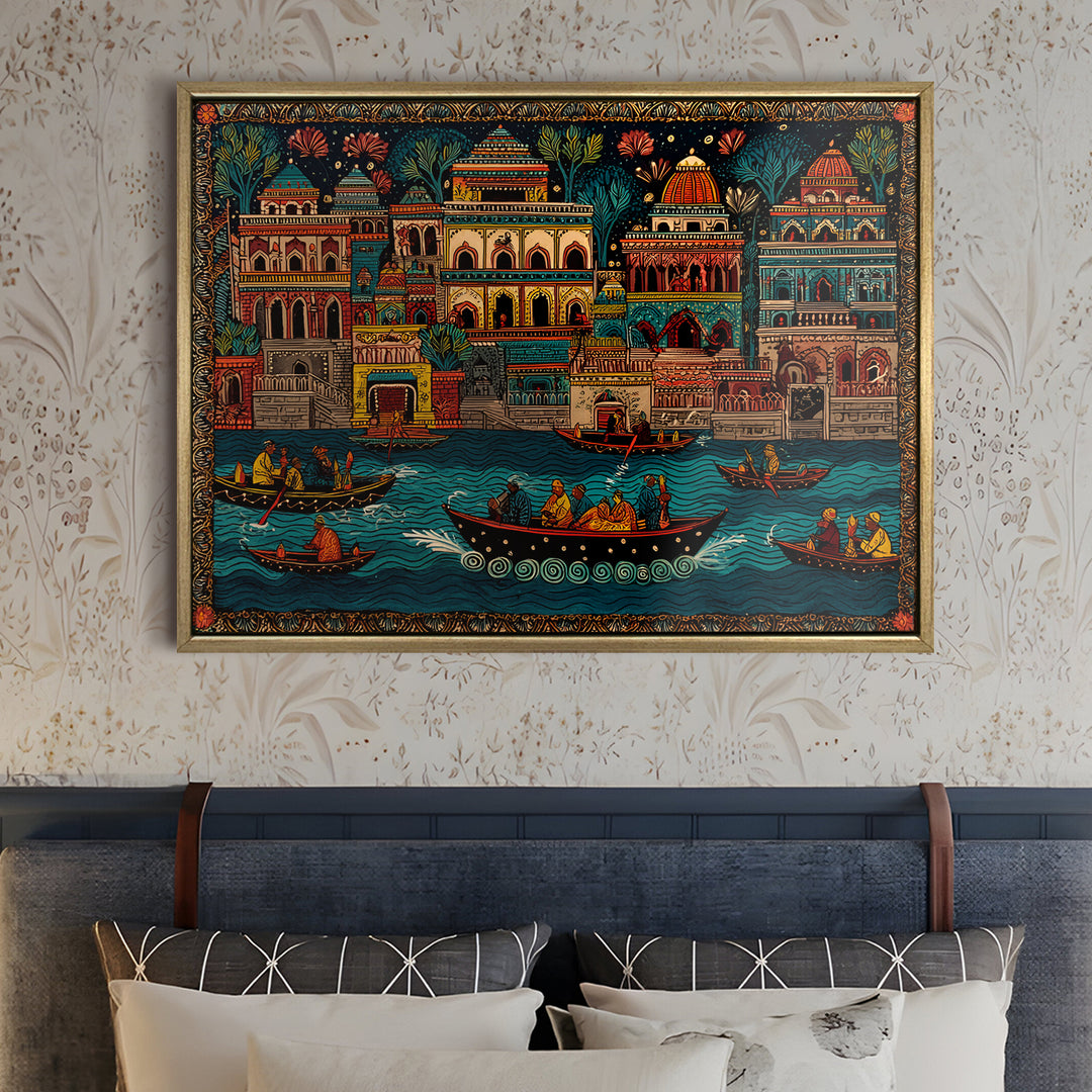 Banaras Ghats Painting Wall Art – Varanasi Riverfront with Golden Floater Frame – HD Print Large Canvas, Ready to Hang, Size: 3X4FT, (BAWA22)
