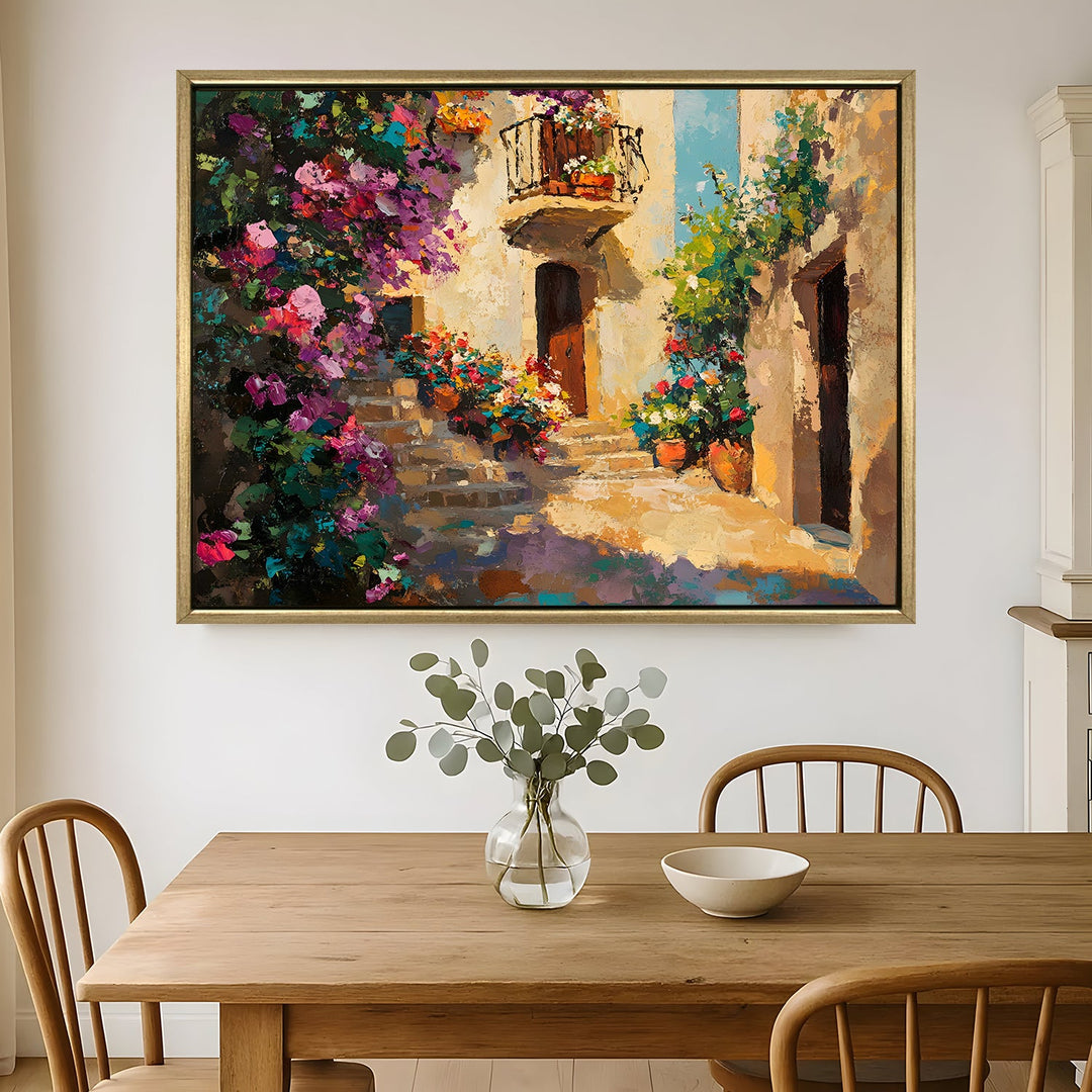 Narrow alley with balconies full of flowers Wall Art, HD Canvas Print, Golden Floater Framed, Ready to Hang, (36 In x 48 In) (CITY-WA-06)