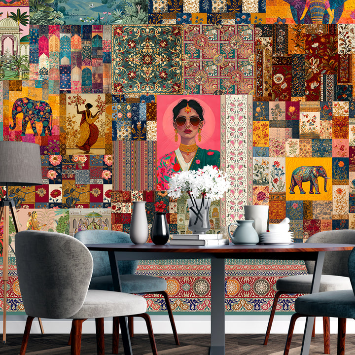 Royal Raga Collage Wall Mural – Traditional Indian Patchwork Art (PATCH007)