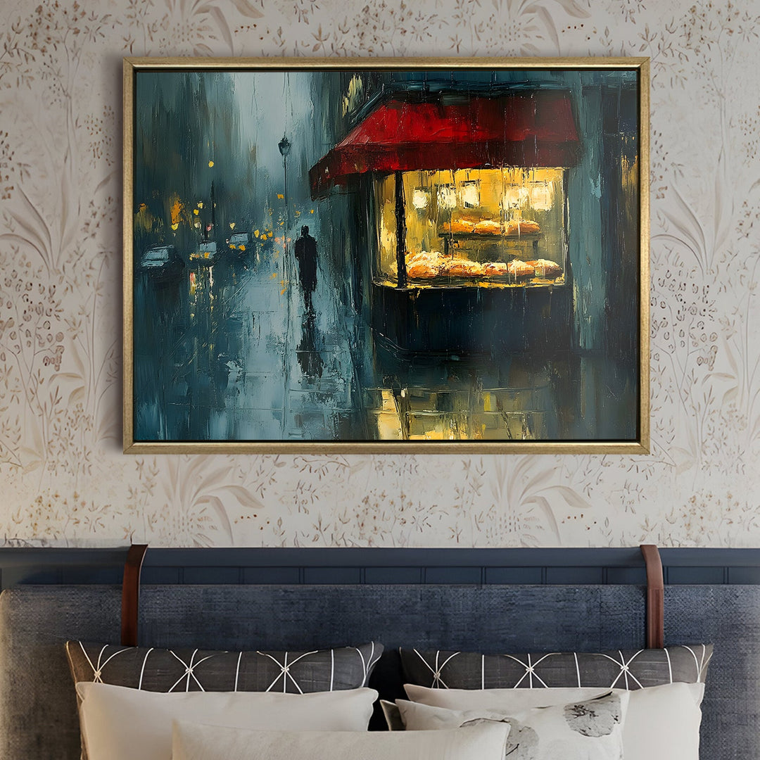 Rain-soaked bakery with reflections on pavement Wall Art, HD Canvas Print, Golden Floater Framed, Ready to Hang, (36 In x 48 In) (CAFE-WA-02)
