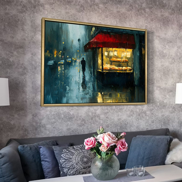 Rain-soaked bakery with reflections on pavement Wall Art, HD Canvas Print, Golden Floater Framed, Ready to Hang, (36 In x 48 In) (CAFE-WA-02)
