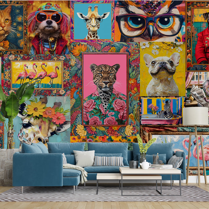 Funky Animal Pop Art Collage Wall Mural – Maximalist Modern Wall Décor (PATCH008)