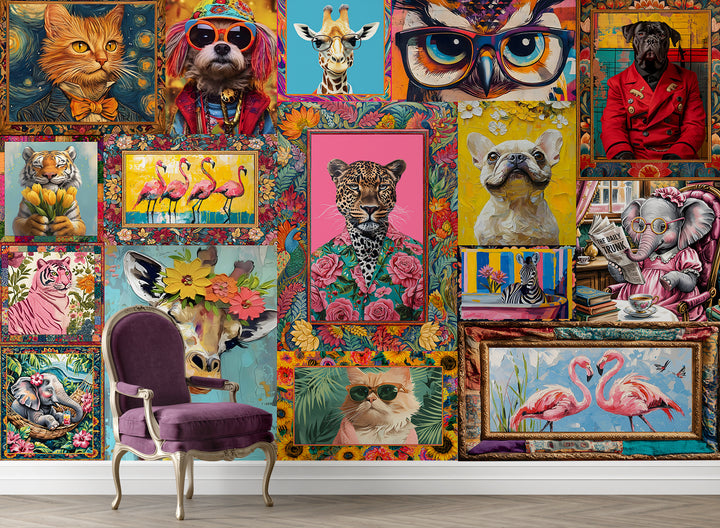 Funky Animal Pop Art Collage Wall Mural – Maximalist Modern Wall Décor (PATCH008)