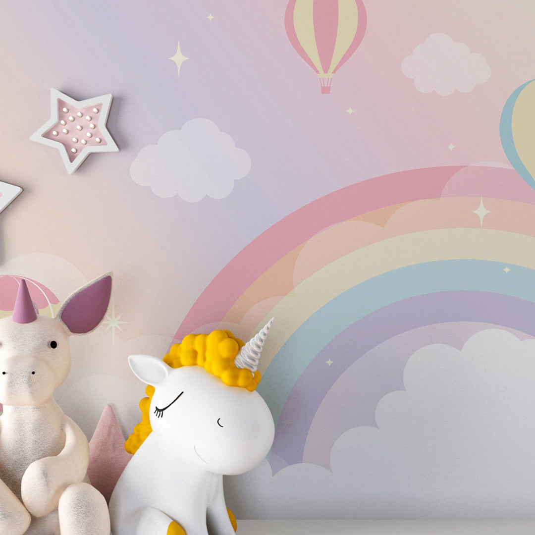 Air Balloon with Rainbow Wallpaper Mural for Kids Room Wall Decoration