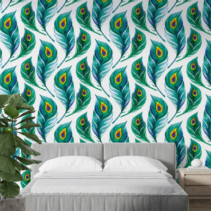 Blue and Green Peacock feather wallpaper for home and hotels