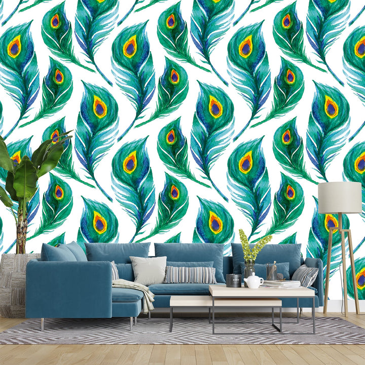 Blue and Green Peacock feather wallpaper for home and hotels