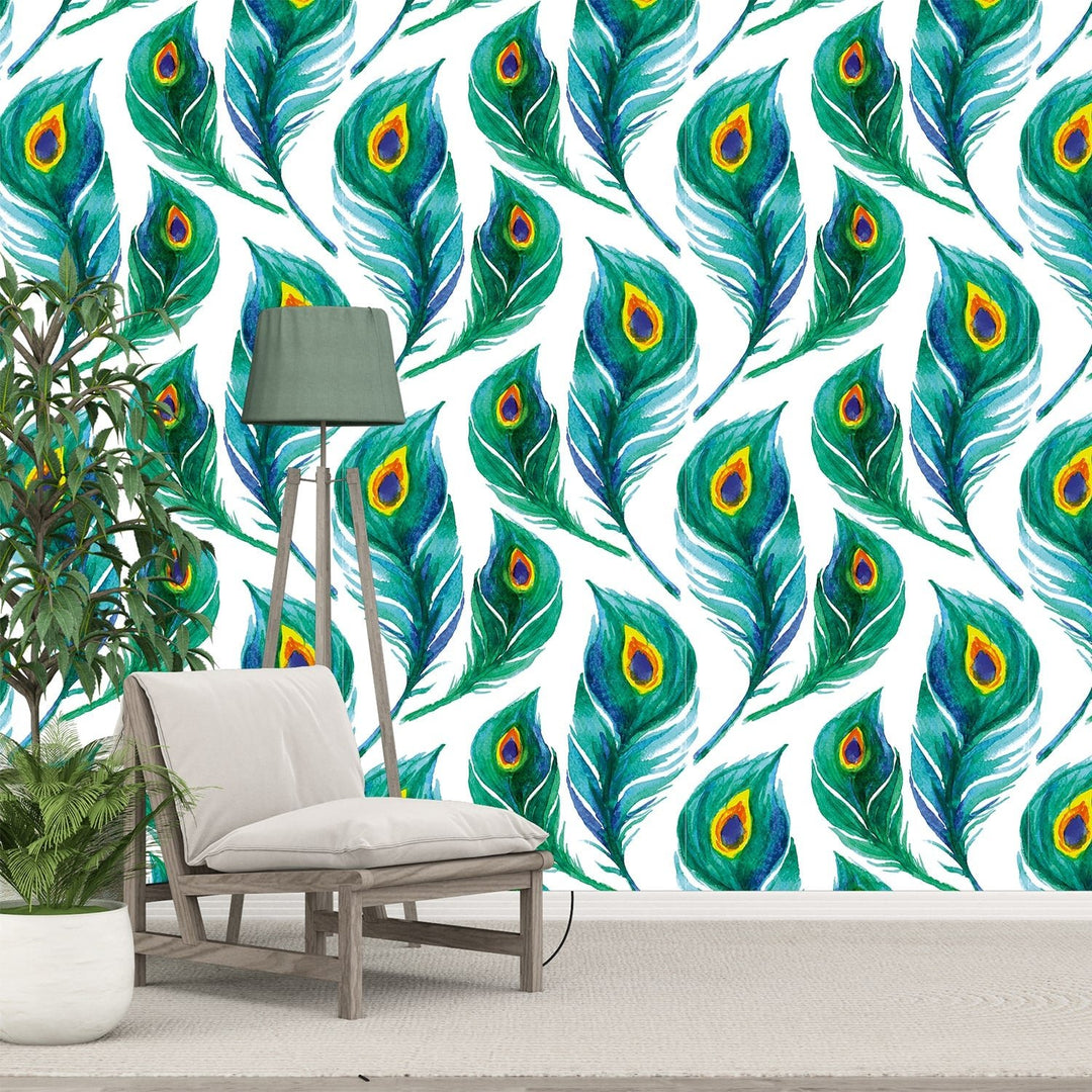 Blue and Green Peacock feather wallpaper for home and hotels