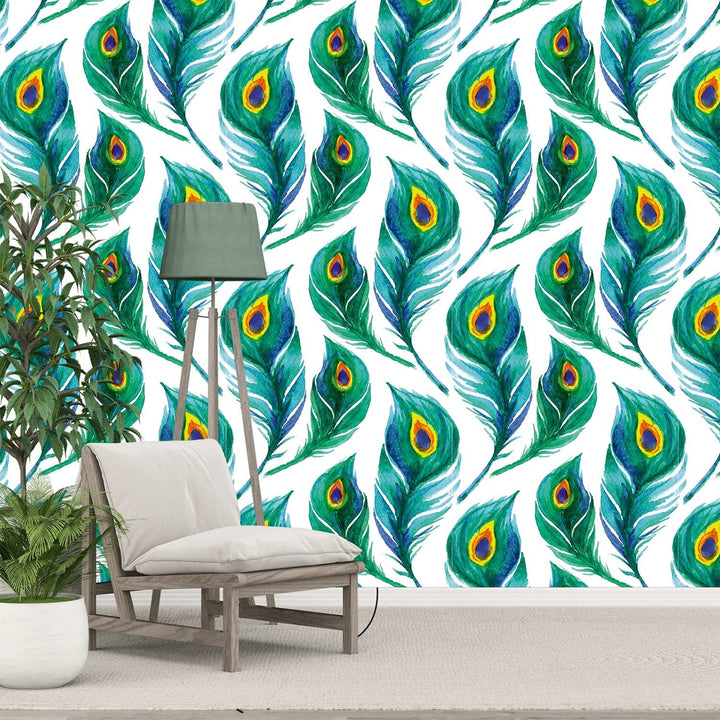 Blue and Green Peacock feather wallpaper for home and hotels