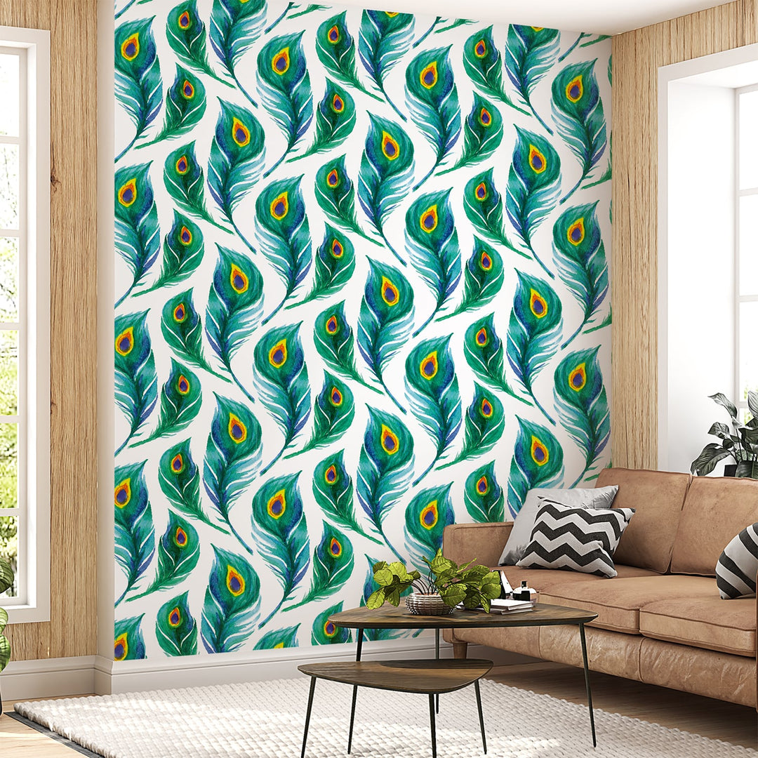 Blue and Green Peacock feather wallpaper for home and hotels