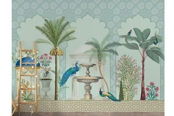 Chinoiseries Pattern with palm tree and Peacock Wallpaper Murals For Kids Room