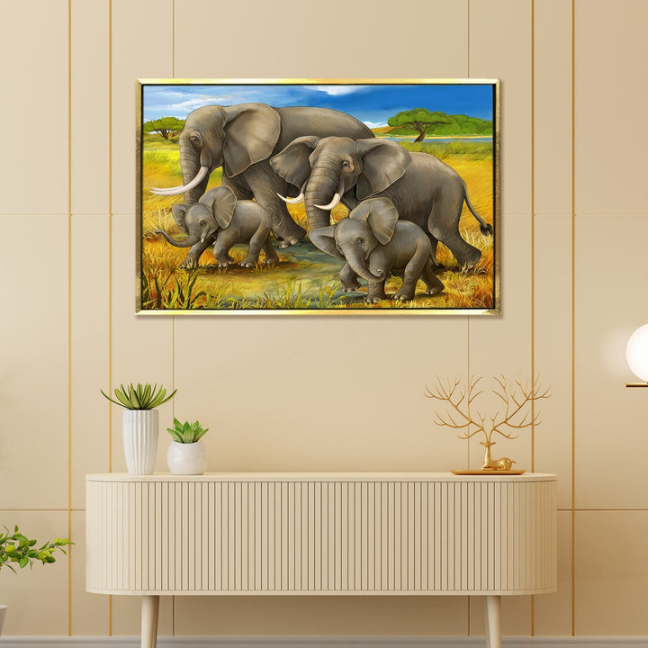 Elephants With Their Babies Vastu Canvas Painting Framed 18x24 Inch