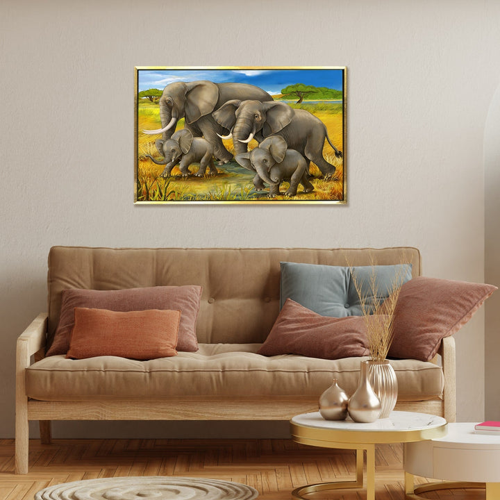 Elephants With Their Babies Vastu Canvas Painting Framed 18x24 Inch