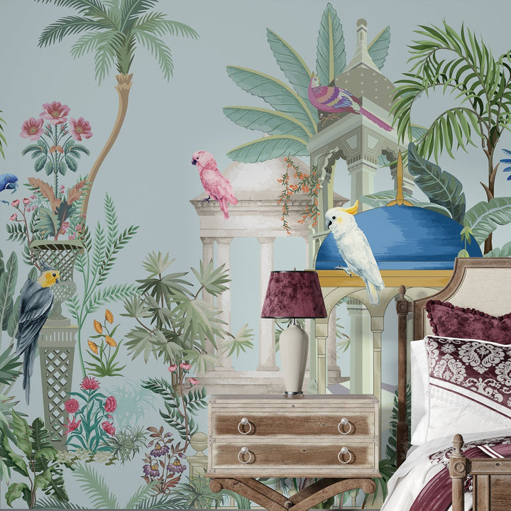 Ethnic India Themed Birds in a Mughal Garden Premium Wallpaper Murals For Home, Hotel and Café Decoration