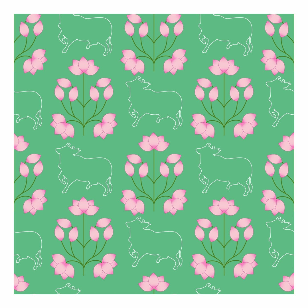 Ethnic India Themed Pink Lotus in Green Background Premium Wallpaper Murals For Home, Hotel and Café Decoration