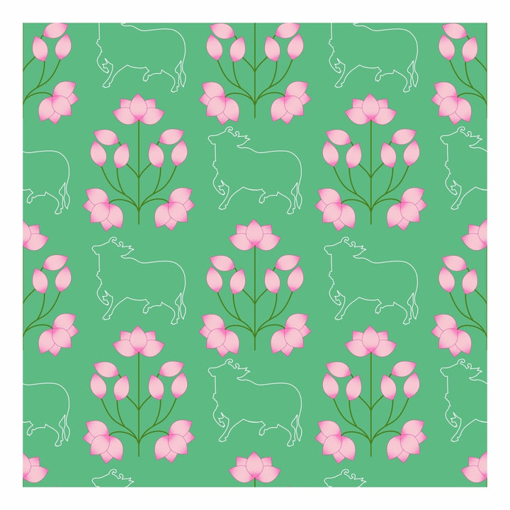 Ethnic India Themed Pink Lotus in Green Background Premium Wallpaper Murals For Home, Hotel and Café Decoration