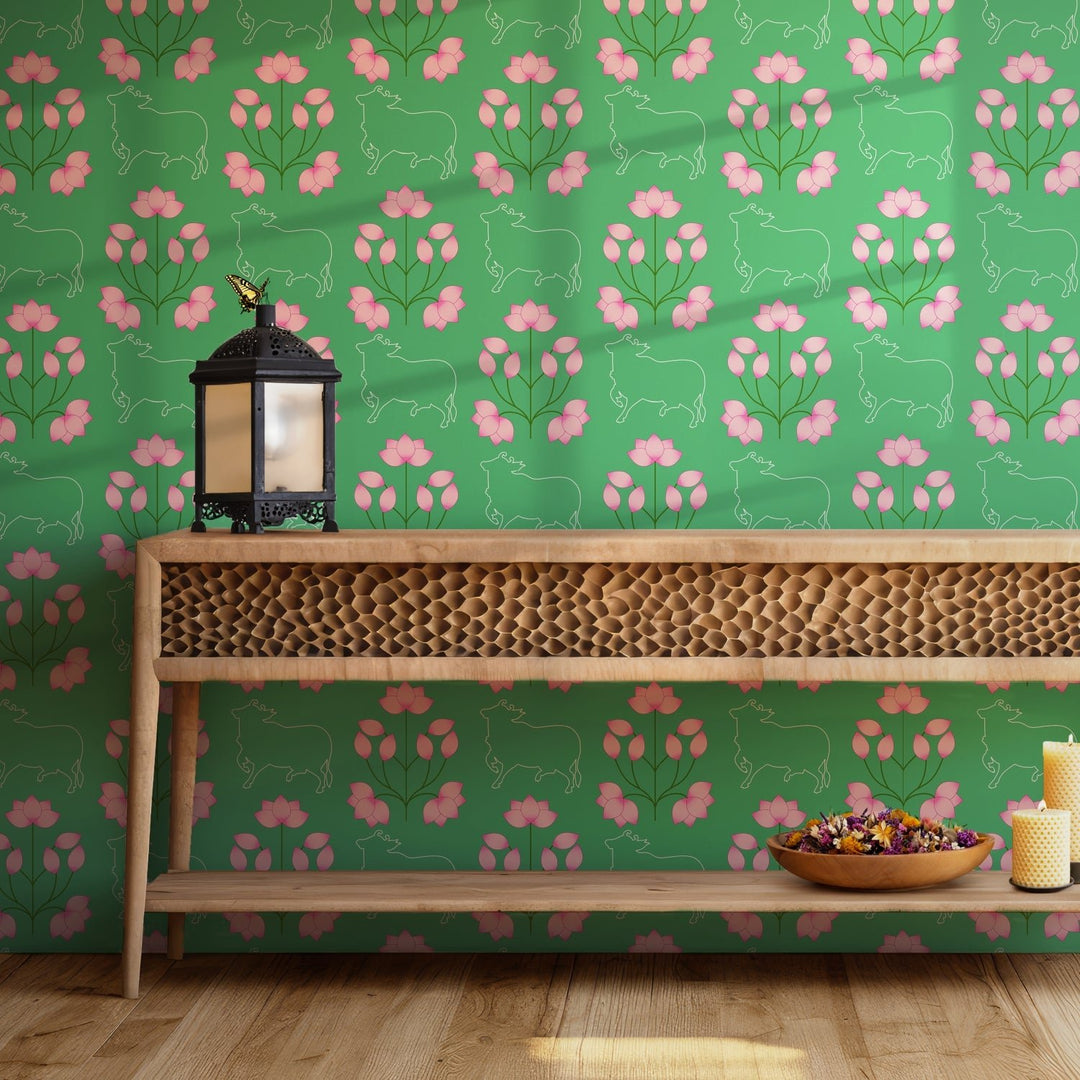 Ethnic India Themed Pink Lotus in Green Background Premium Wallpaper Murals For Home, Hotel and Café Decoration